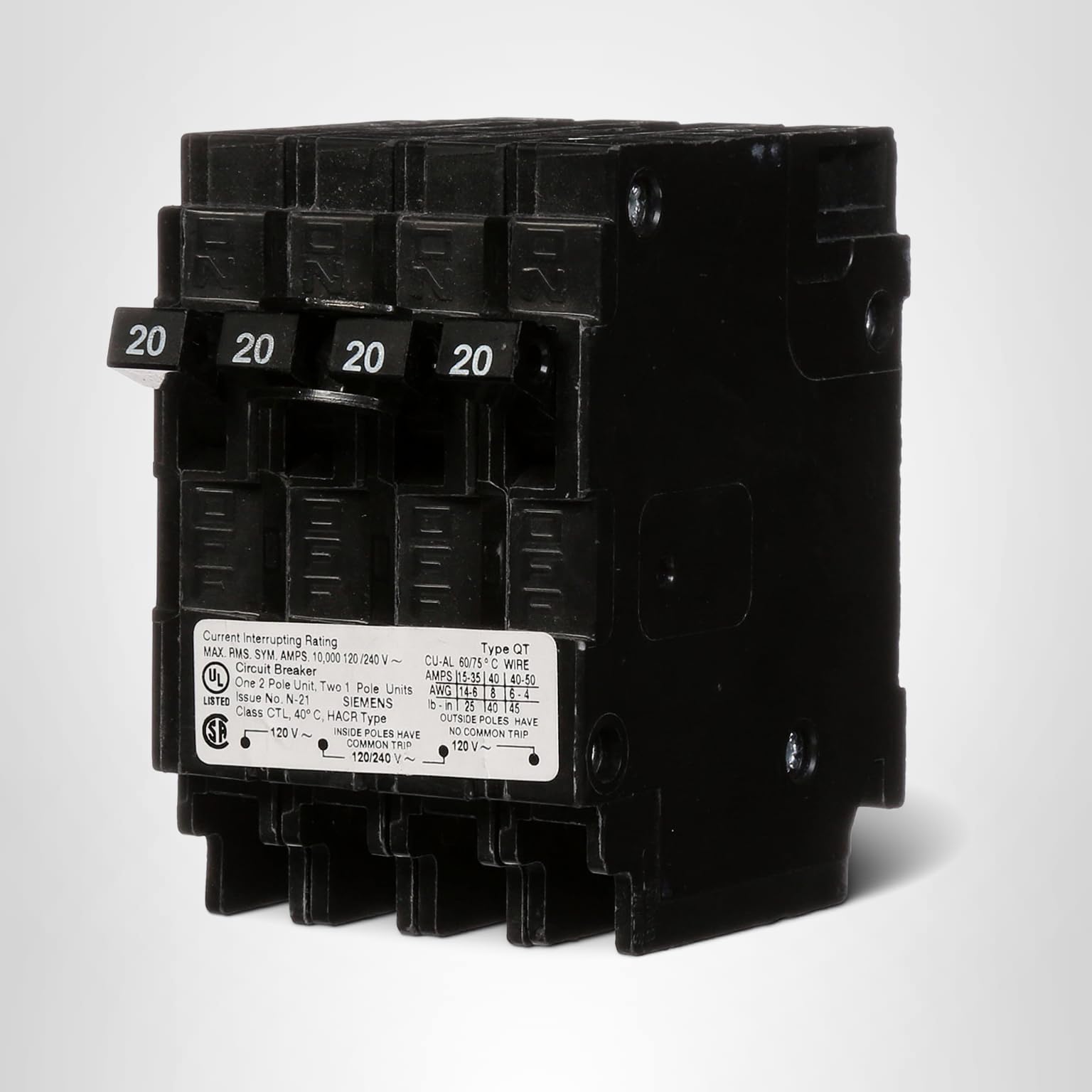 Siemens Q22020CT Triple Circuit Breaker, Plug-In, 20/20 Amps